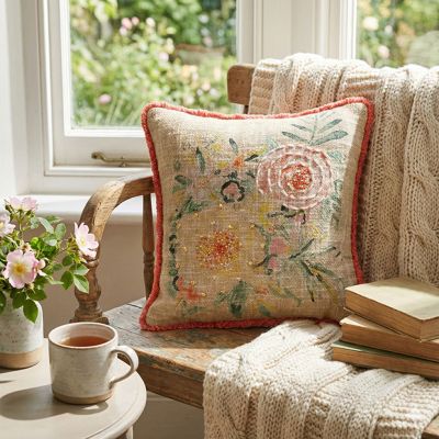 Pretty Embroidered Florals Throw Pillow With Fringe