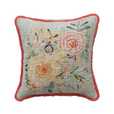 Pretty Embroidered Florals Throw Pillow With Fringe