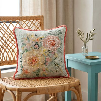 Pretty Embroidered Florals Throw Pillow With Fringe