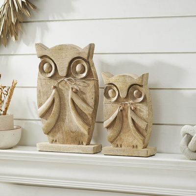Primitive Charms Natural Wood Owl Figurines Set of 2