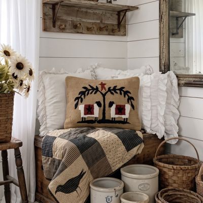 Primitive Country Sheep and Star Accent Pillow