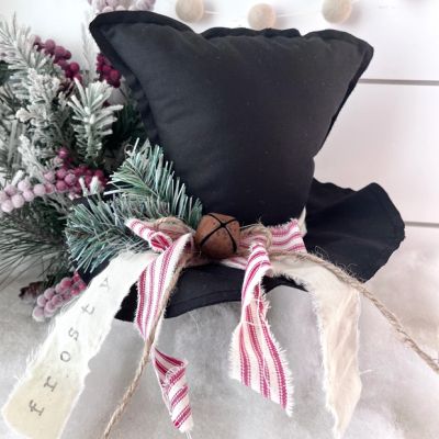 Primitive Frosty Hat with Red Ticking Stripe Bow