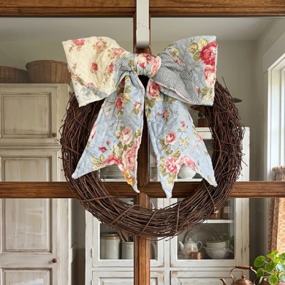 Quilted Blue Floral Fabric Bow Door Hanger