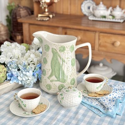 Rabbit And Floral Motif Stoneware Pitcher