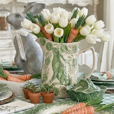 Rabbit And Floral Motif Stoneware Pitcher