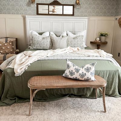 Rattan And Wood Farmhouse Bench