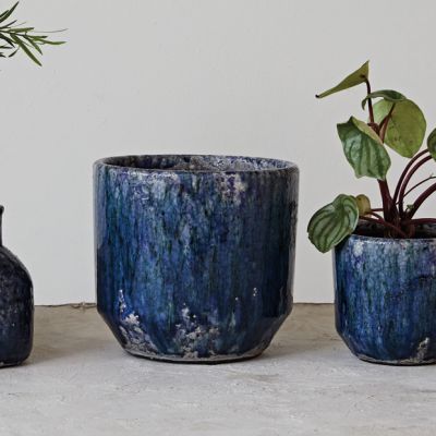 Reactive Crackle Glaze Blue Terracotta Planter