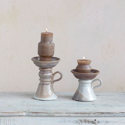 Reactive Glaze Stoneware Pillar Holder Set of 2