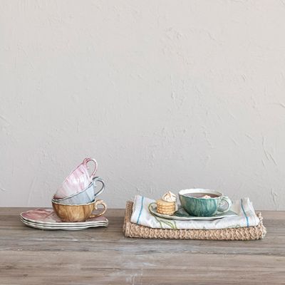 Reactive Glaze Stoneware Teacup with Saucer Set of 4