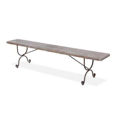 Reclaimed Pine and Scrolled Metal Bench