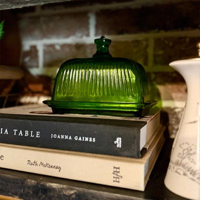Ribbed Green Glass Butter Dish