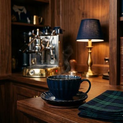 Ribbed Navy Stoneware Mug with Saucer Set of 4