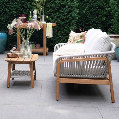 Rope Wrapped Teakwood Cushioned Sofa and Coffee Table