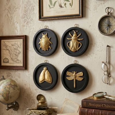Round Black Framed Brass Insect Set of 4