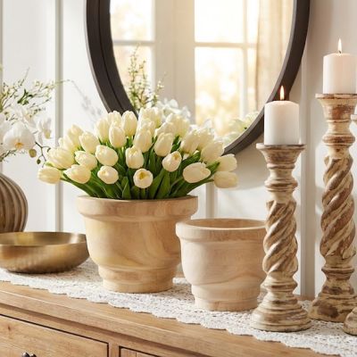 Round Carved Wood Planter Pot Set of 2