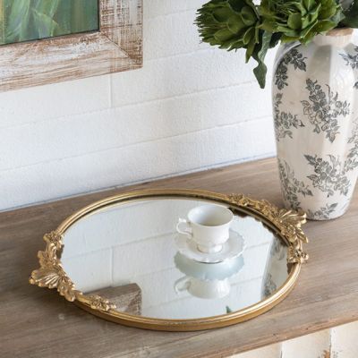 Round Gold Floral Mirrored Tray