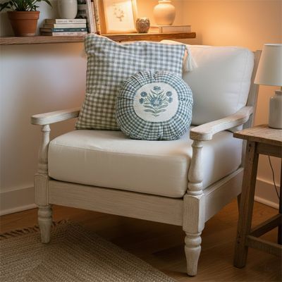 Round Pleated Floral And Checkered Pillow