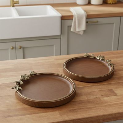 Round Wood Tray with Gold Branch Accents Set of 2
