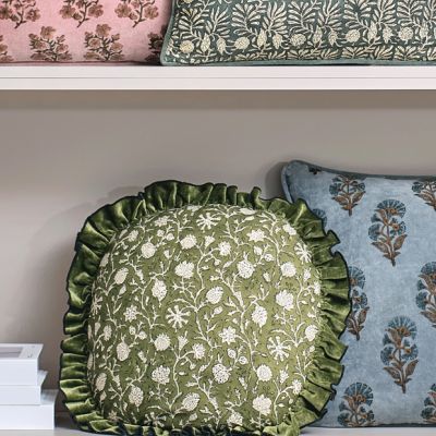 Ruffled Block Print Round Pillow Cushion