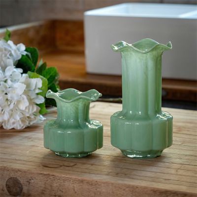 Ruffled Rim Green Glass Floral Vase