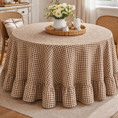 Ruffled Rustic Beige Gingham Check Tablecloth