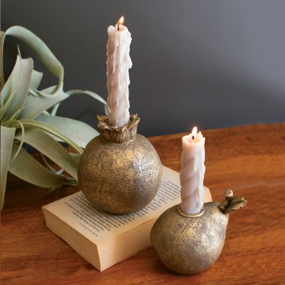 Rustic Antiqued Gold Fruit Candle Holders Set of 2