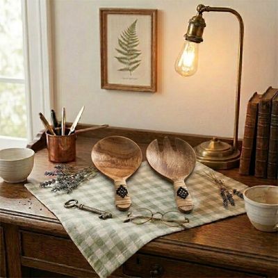 Rustic Bamboo Wrapped Salad Server Set with Bag