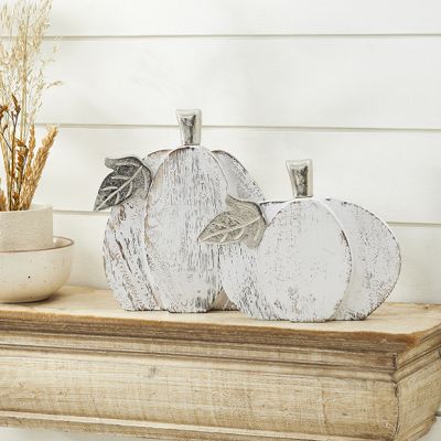 Rustic Fall Whitewash Wooden Pumpkins Set of 2