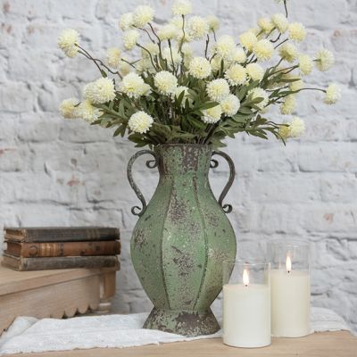 Rustic Farmhouse Aged Green Metal Vase 13 Inch
