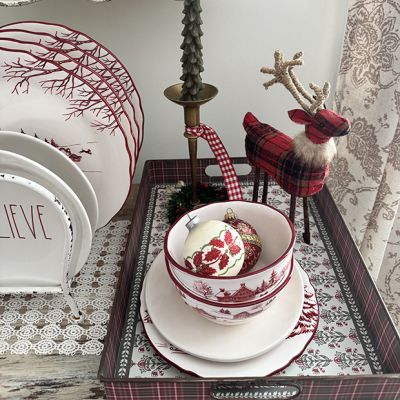 Rustic Floral Block Print Handled Tray