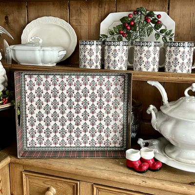 Rustic Floral Block Print Handled Tray