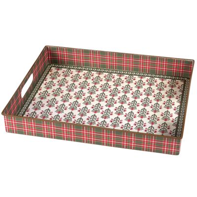 Rustic Floral Block Print Handled Tray