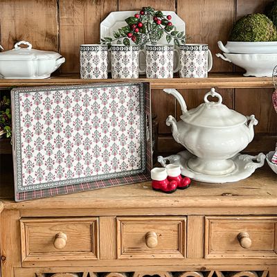 Rustic Floral Block Print Handled Tray