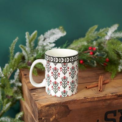 Rustic Floral Block Print Stoneware Mug Set of 4