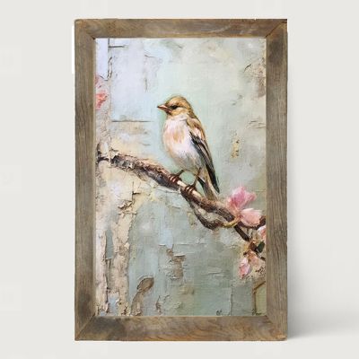Rustic Framed Bird on Branch Vertical Wall Art