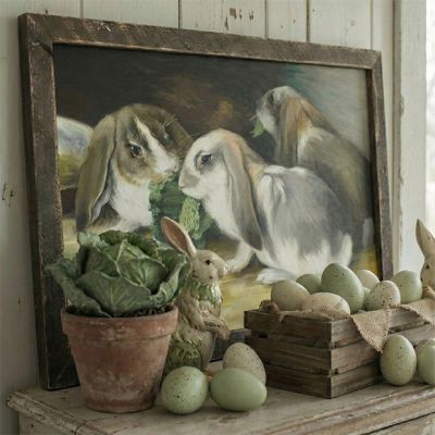 Rustic Framed Bunnies Eating Cabbage Wall Art