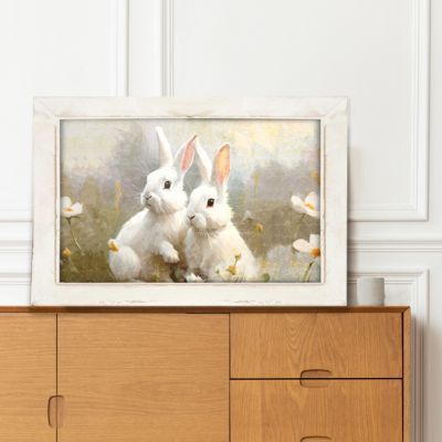 Rustic Framed Bunnies In A Meadow Horizontal Wall Art
