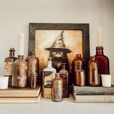 Rustic Framed Cat In Witch Hat Wall Art
