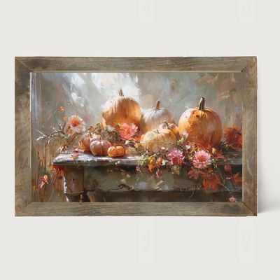 Rustic Framed Farm Table Pumpkins Horizontal Wall Art