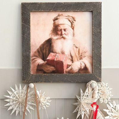 Rustic Framed Neutral Vintage Santa With Present Wall Art
