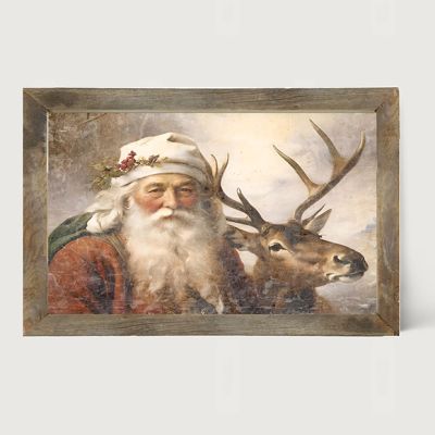 Rustic Framed Reindeer With Santa 3 Horizontal Wall Art