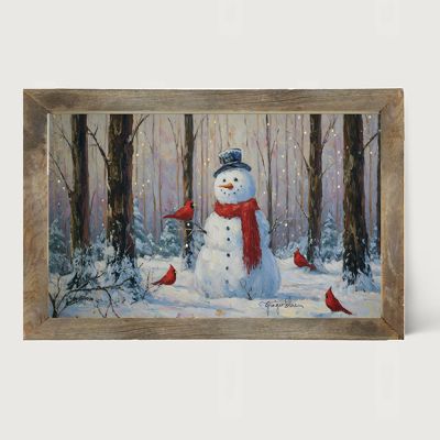 Rustic Framed Snowman with Cardinals Horizontal Wall Art