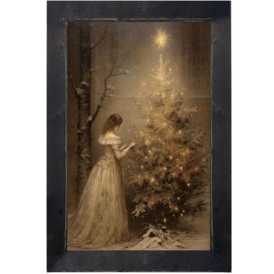 Rustic Framed Victoria With Christmas Tree Vertical Wall Art