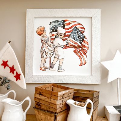 Rustic Framed Vintage Kids With Flags Wall Art