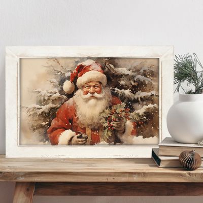 Rustic Framed Vintage Santa Holding Presents In Forest
