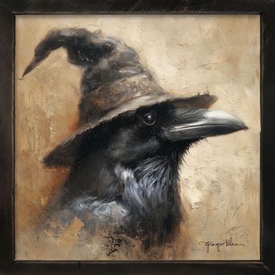 Rustic Framed Witch Hat Crow Wall Art