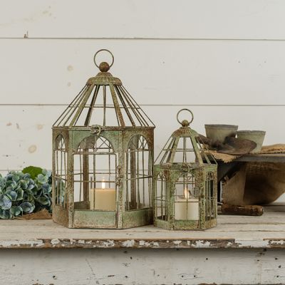 Rustic Garden Birdhouse Lantern Set of 2