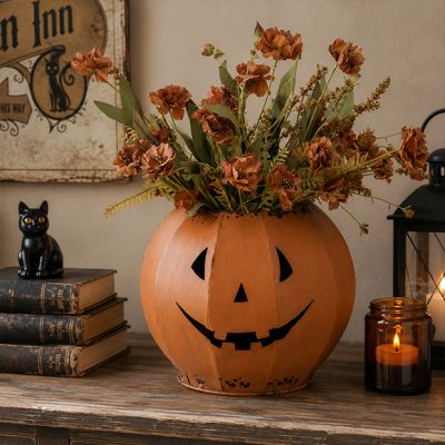 Rustic Metal Jack O Lantern Bowl 8 Inch
