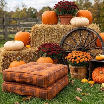 Rustic Orange Tartan Plaid Floor Cushion