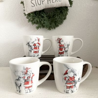 Santa and Reindeer Print Mug Set of 4